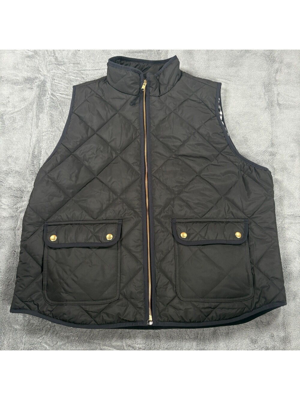 J.Crew Quilted Puffer Vest Mens XXL Black Gingham Lined Full Zip FA23